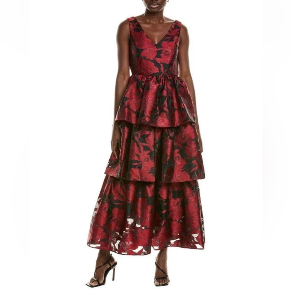 Metallic Floral Sleeveless Tiered Gown